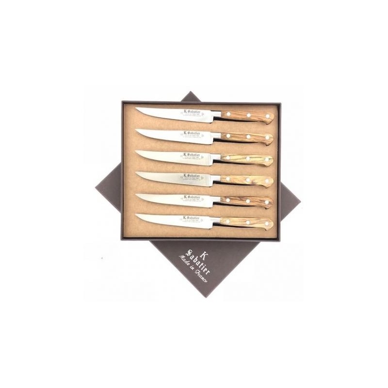 Cutie cu 6 cutite pentru friptura, lungime 13cm, maner din lemn de maslin, Sabatier Authentique - Olive.