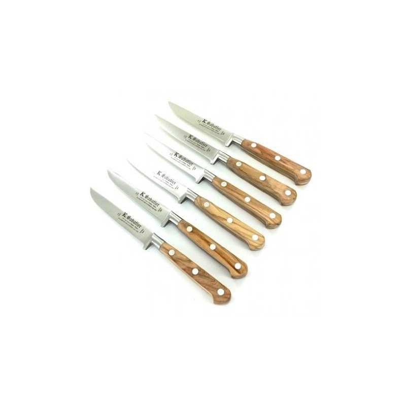 Set 6 cutite friptura, lungime 10cm, maner din lemn de maslin, Sabatier Authentique - Olive.